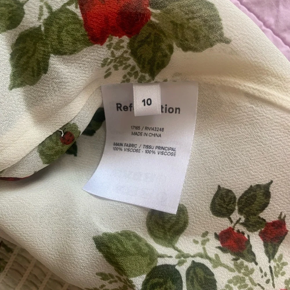Reformation Cream Floral Puff-Sleeve Blouse with Red & Green Roses